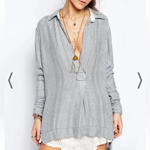 FREE PEOPLE Tunic Striped Shirt S Blue White Top Deep V-Neck Oversized EUC B90 - Picture 1 of 7
